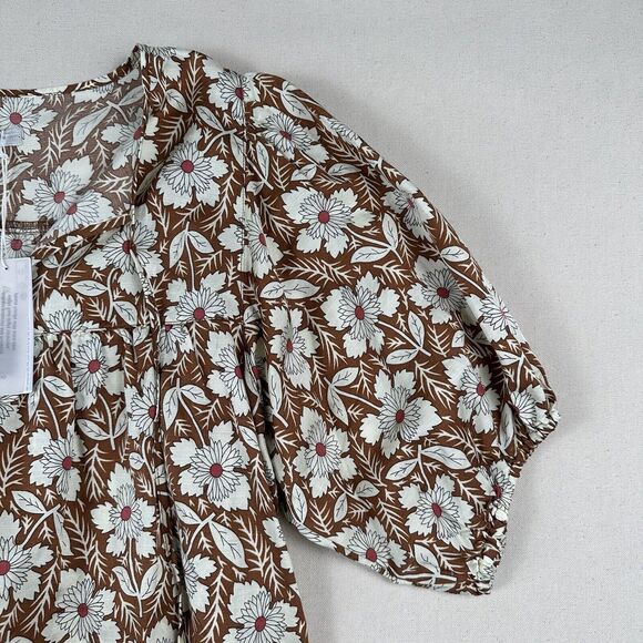 Outerknown Floral Blouse Top Women’s S‎ Brown Bell Short Sleeve V Neck Organic - Picture 3 of 16